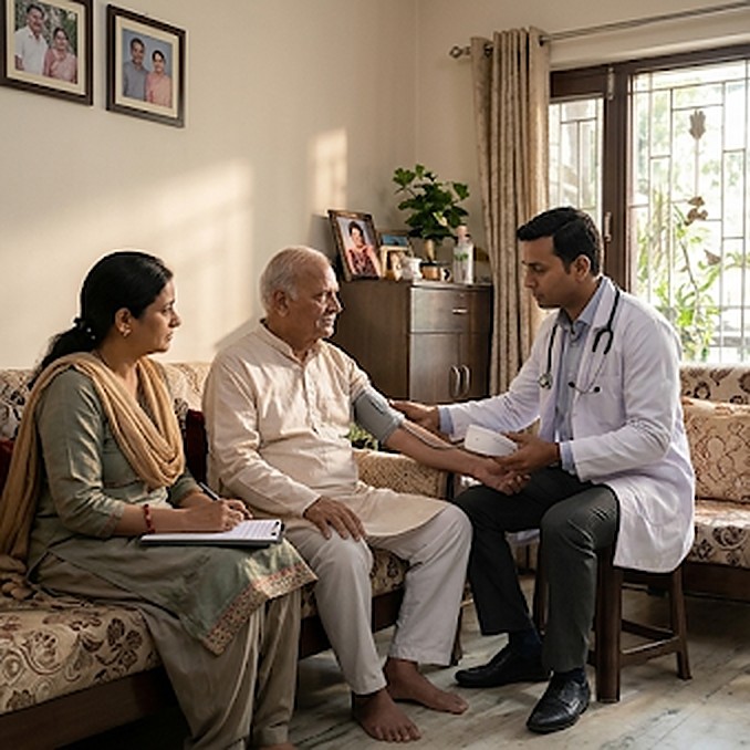 A doctor examining an elderly man at home while his family sits beside him