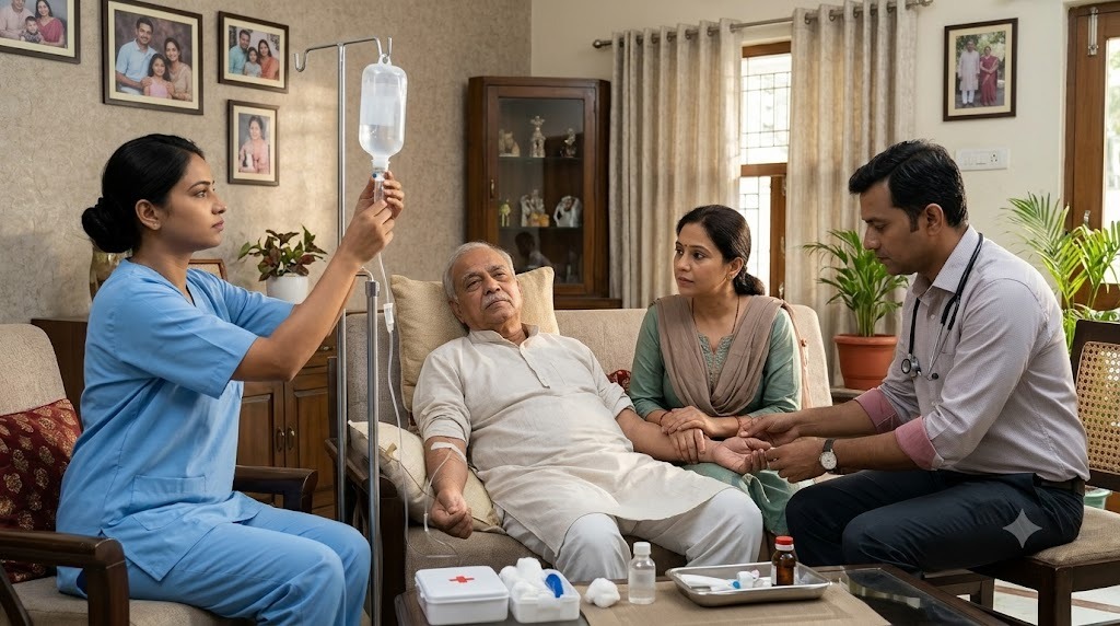 A certified doctor and nursing staff attending a patient at home, with his family beside him