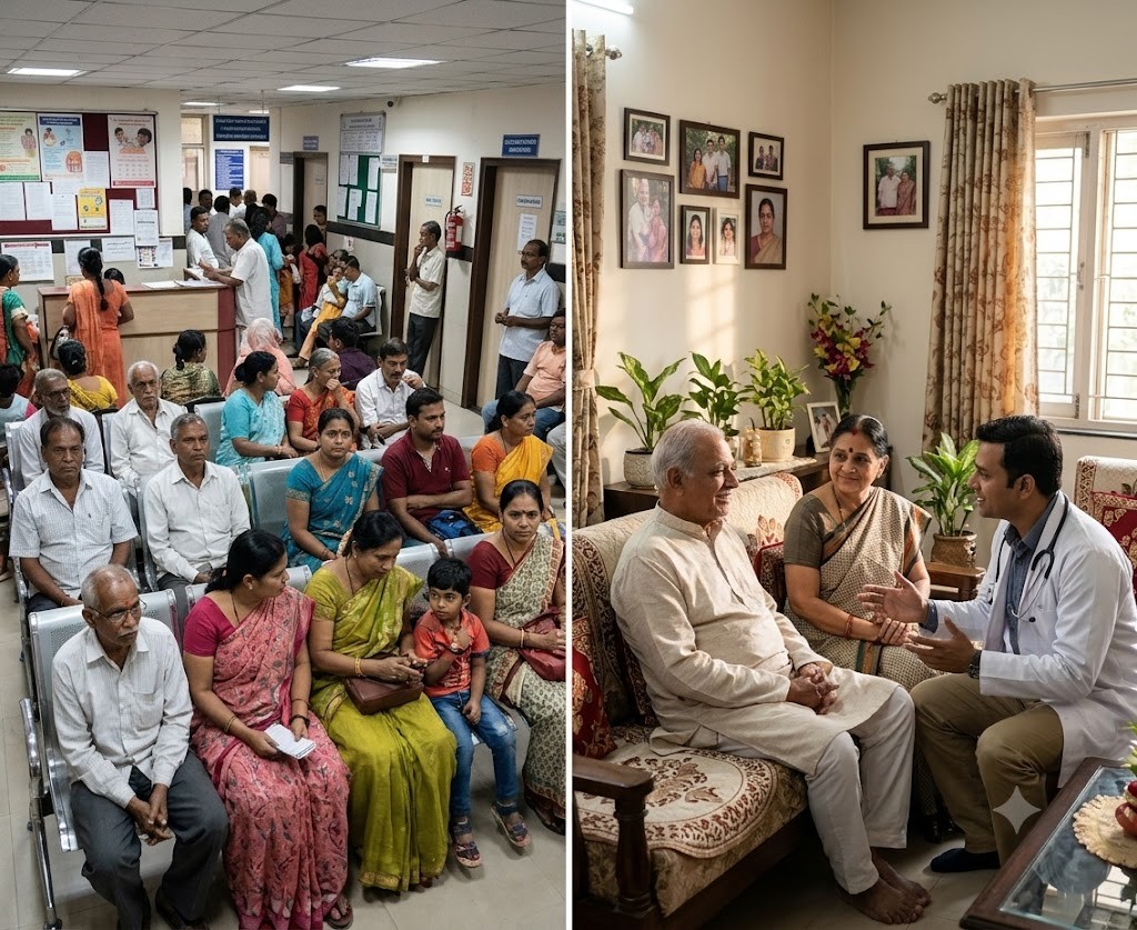 A crowded hospital waiting hall compared with a doctor visiting a family at home